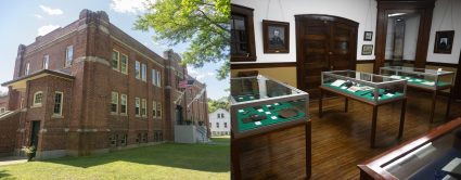 Brick building exterior and museum interior with historical artifacts